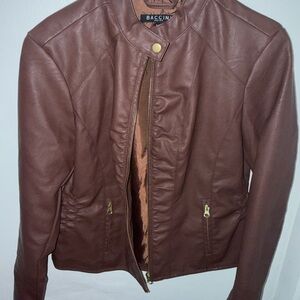 Baccini Women's Brown Leather Jacket with Gold Zipper